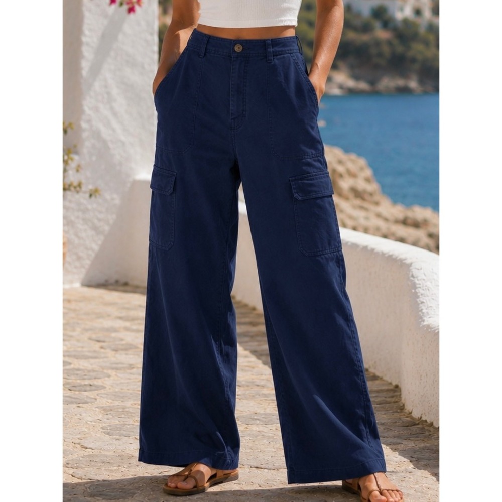 Frye Womens Cargo Pants Navy Blue 14 Wide Leg Stretch Cotton Utility Trousers